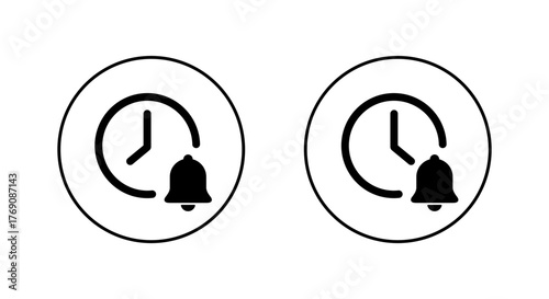 Clock with bell icon in circular outline. Time reminder and alert notification symbol