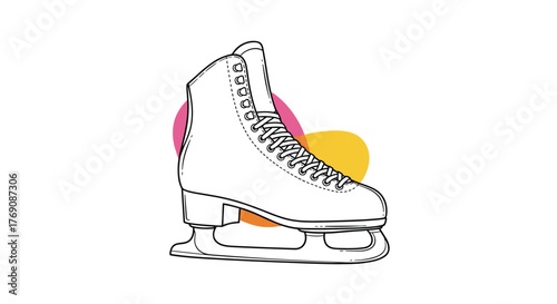 Elegant black and white line art illustration of a single ice skate, featuring a detailed boot and blade, highlighted by subtle, warm-toned abstract backgrounds.