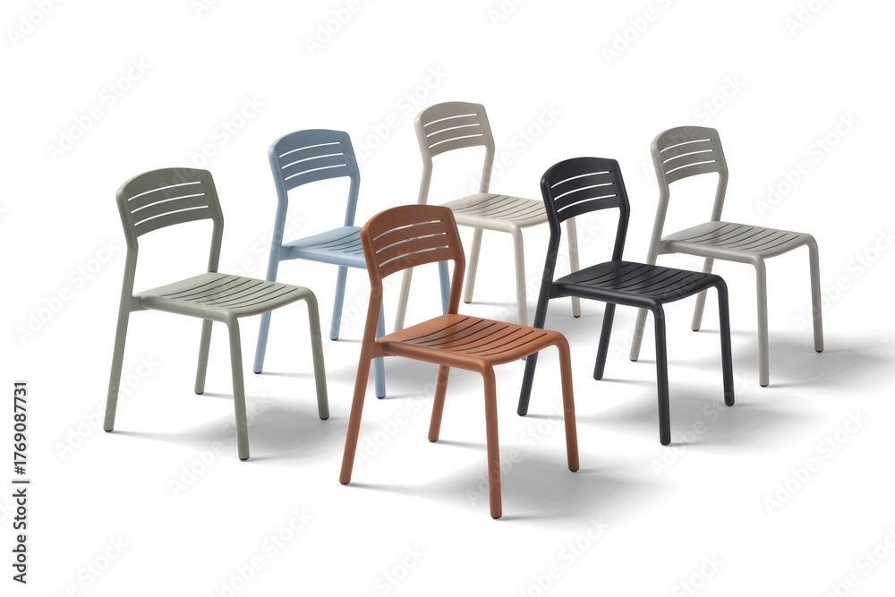 Obraz premium Collection of seven contemporary chairs in diverse colors, featuring a sleek, slatted design for versatile indoor-outdoor use.