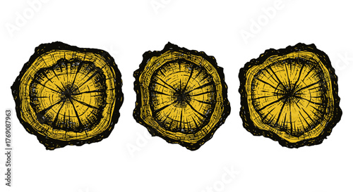 wood slice rings pattern a trio of tree trunk end sections displaying age rings perfect for illustrating growth time history and nature concepts.