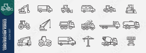 Set of Construction vehicle icons. Line art icon of truck, crane, loader, excavator, bulldozer illustration. Vehicle line art icon set.