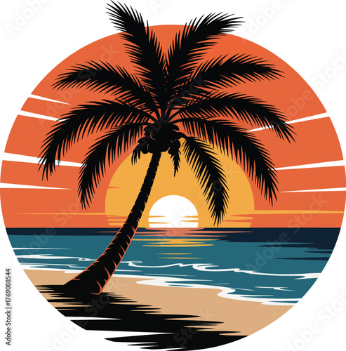 Striking retro vector art of a tropical beach sunset with a silhouetted palm tree in a circular design