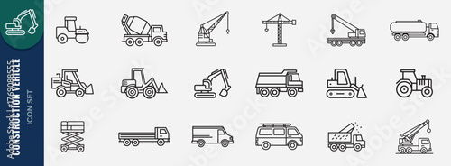 Set of Construction vehicle icons. Line art icon of truck, crane, loader, excavator, bulldozer illustration. icons symbolize modern engineering and industrial work.