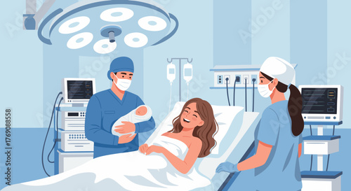 Illustration of a Happy New Mother with Her Newborn Baby in a Hospital Delivery Room, Attended by Medical Staff, Celebrating Safe Childbirth and Quality Healthcare