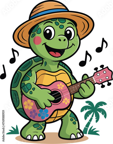 Happy Cartoon Turtle Playing Ukulele on Tropical Beach