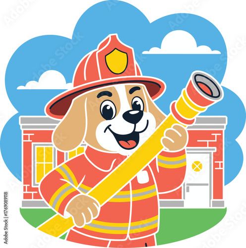 Playful Cartoon Firefighter Dog Holding Hose, Ready for Action