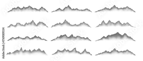 Grain noise stippled mountain range ridges terrain texture landscape vector illustration set. Grunge pointillism mountain range stipple landscape halftone effect shape sand texture.