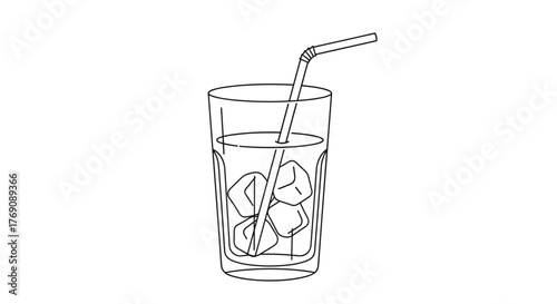 Simple line art illustration of a refreshing cold drink with ice cubes and a bent straw in a tall glass, isolated on a white background.