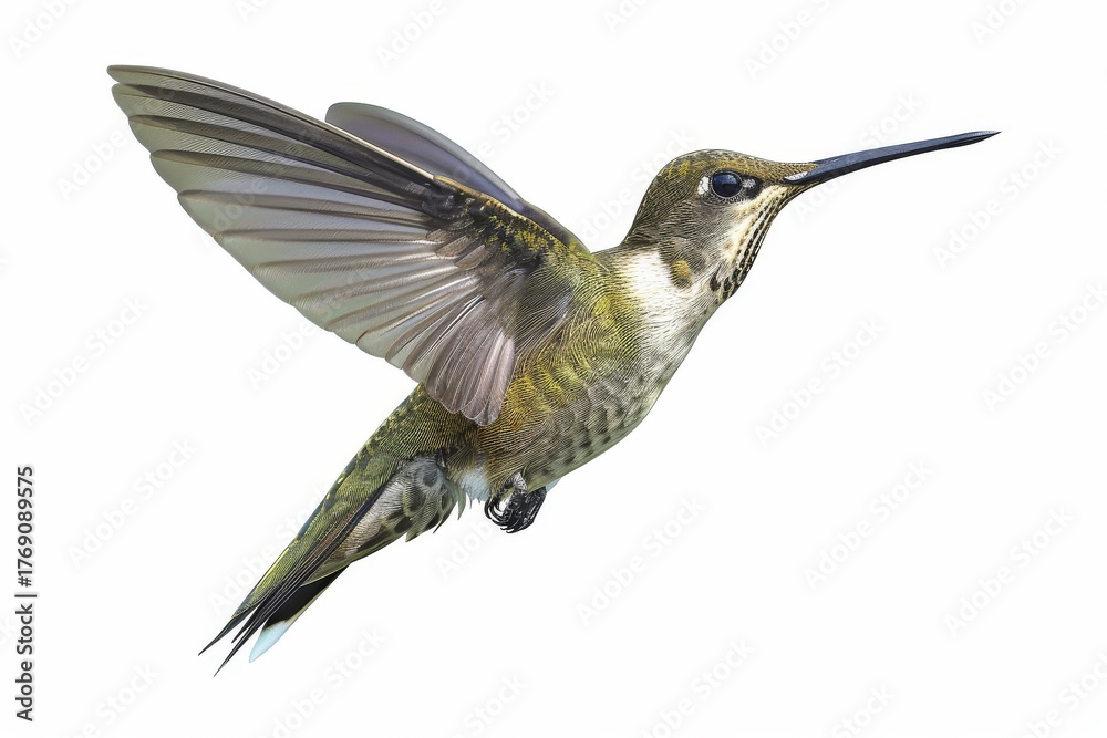 Fototapeta premium Hummingbird in mid-flight showcasing iridescent feathers against a white background