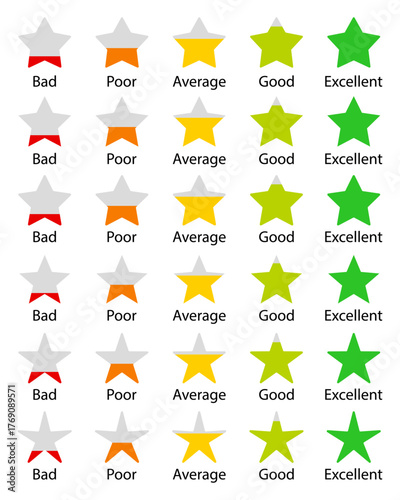 Star rating set showing levels from bad to excellent. Perfect for review systems, feedback forms, and performance evaluation. Star, icons, symbols, rating, feedback.