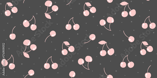 Pale pink cherries with leaf on a dark grey background with dots. Cute endless texture with abstract berry. Vector seamless pattern for wrapping paper, giftwrap, surface texture or printing on clothes