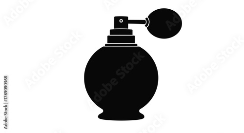 Elegant black silhouette of a classic round perfume bottle featuring an old-fashioned pump sprayer, isolated on white.