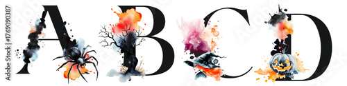 Halloween alphabet letters A B C D with watercolor illustrations