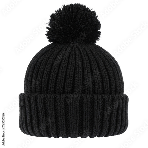 Black ribbed beanie mockup isolated, pom pom winter hat on transparent background for branding, apparel design, or seasonal fashion presentations.