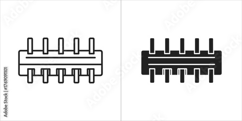 Black and white line art and silhouette of a computer connector