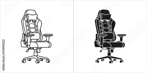 Gaming chair outline and solid silhouette