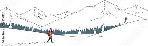 Hiker walking through a snowy mountain landscape with trees and a pastel sky view