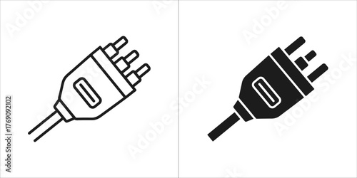Set of two icons representing a threepin electrical plug, one outline and one solid