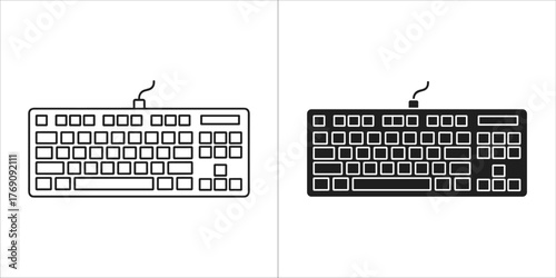 Two icons of a computer keyboard, one outline and one solid black