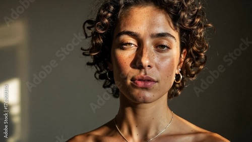 Portrait of a 24-year-old tanned woman with freckles and short curly hair.
