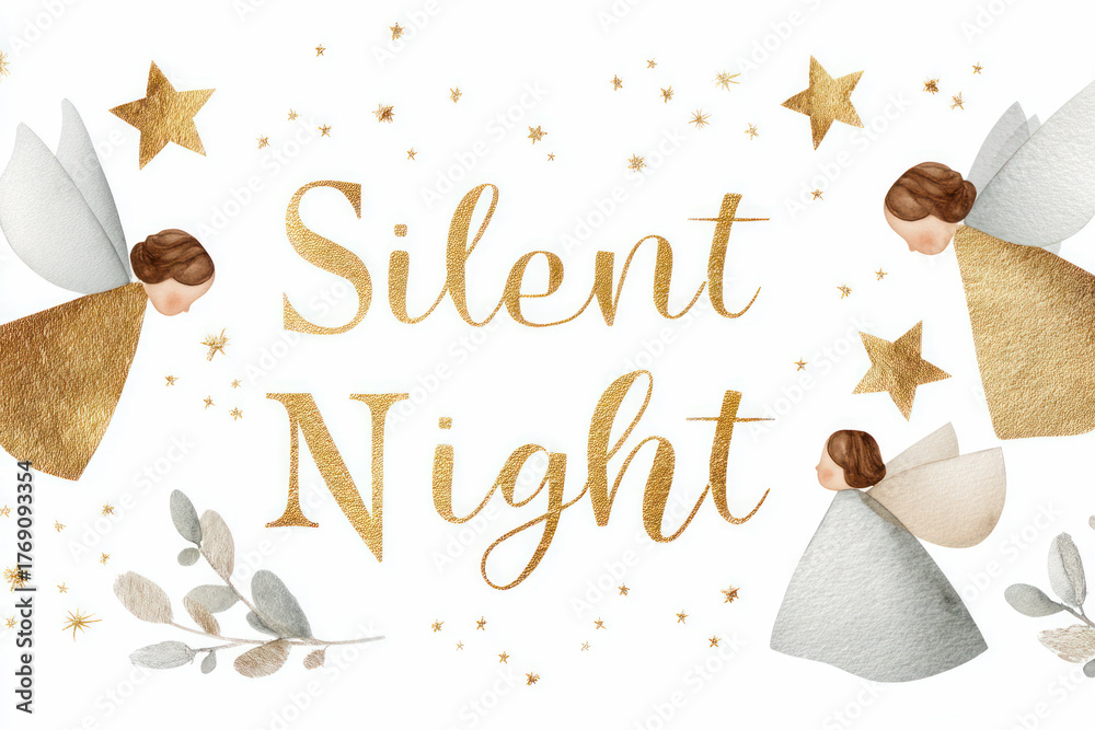Obraz premium Whimsical illustration of angels with golden accents and stars, featuring the phrase Silent Night, creating a serene holiday atmosphere