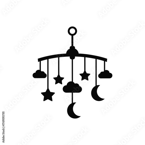 Black silhouette of a baby crib mobile with stars clouds and moons