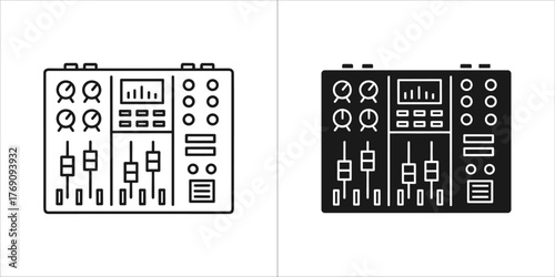 Set of two icons representing a dj mixer, one in outline and one in solid black
