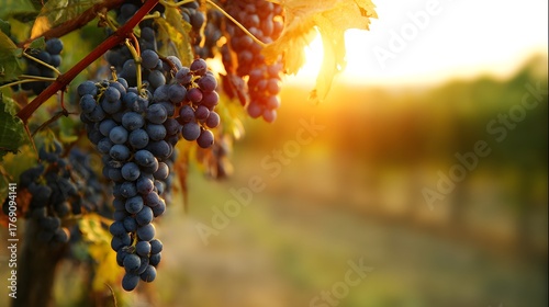  Deep red Sangiovese grapes ripening on the vine in a vineyard at sunset.