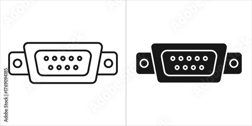Line icon of a vga connector, with a solid black version on