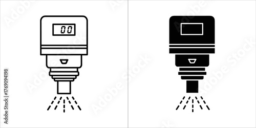 Two icons of a spray nozzle with digital display and spray pattern, one outline and one solid