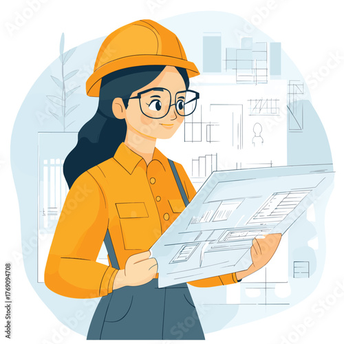 female engineer checks the program. Hand drawn style vector design illustrations.   , vector style simple color