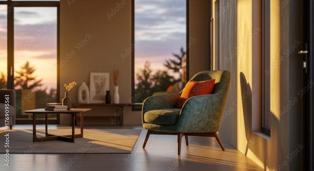Fototapeta premium Sunny interior with armchair, table, and window to sunset landscape