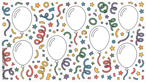 Illustration of balloons and confetti scattered on a white background in a festive celebration scene