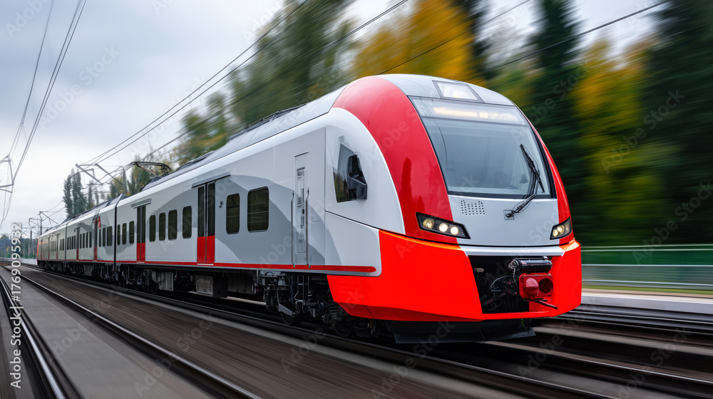 Fototapeta premium Train is moving down the tracks with a red stripe on the side. Fast passenger train in motion for commercial transit