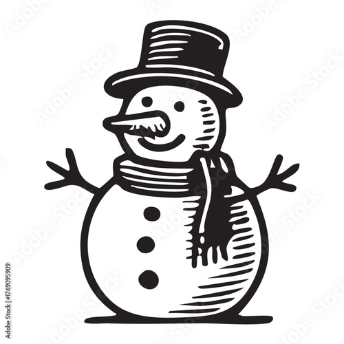 Hand Drawn Line Art Snowman with Scarf and Hat Illustration