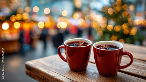 Two red mugs of mulled wine on wooden table with Christmas market on background
