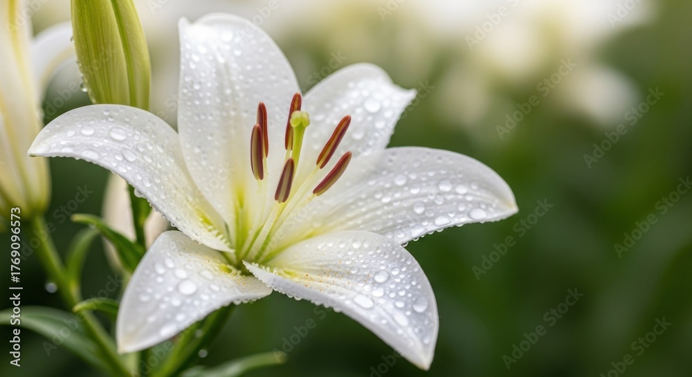 Fototapeta premium White lily bloom glistening with dewdrops, against soft focus green background