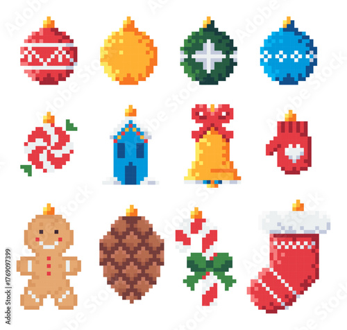 Set of Pixel Art Christmas Ornaments Icons.
