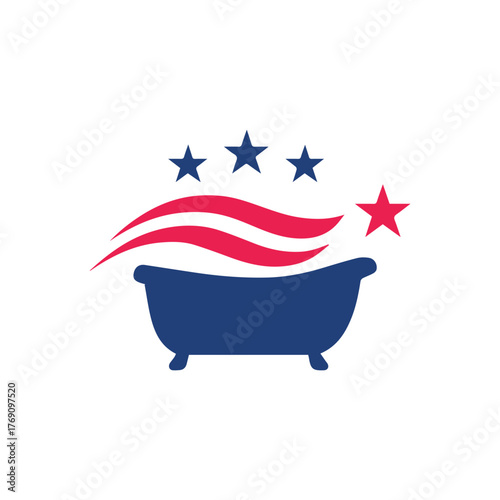 American Style Bathtub Logo with Stars and Waves. Modern red and blue bathtub logo featuring stars and wave lines. Suitable for bathroom brands, cleaning services, spa, plumbing, or American-style hom