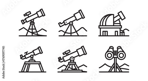 Collection of telescope icons, representing astronomy, exploration, and scientific observation in a minimalist design