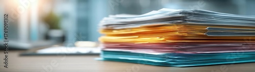 Detailed view of neatly stacked official papers concept. A close-up view of colorful stacked documents on a desk.