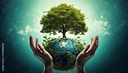 Illustration of hands reaching up from a globe, forming the base of a tree with green leaves