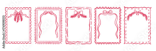 Whimsical Сhristmas menu frame. Bow ribbon border for Christmas menu. Whimsical Xmas doodle vintage vector. Hand drawn french party card. Cute drawing of bow ribbon, Xmas tree. Sketch retro holiday bg