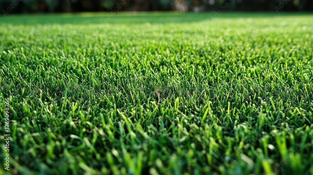 Obraz premium Lush Green Lawn: A close-up shot of vibrant, meticulously maintained green grass, showing a textured lawn surface in natural light, evoking freshness and serenity.