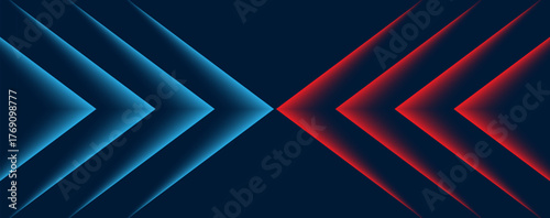 Motion and resistance vector abstract geometric background with glowing blue and red arrows pointing against each other