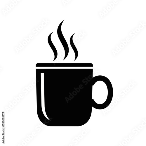 A black silhouette of a steaming coffee mug, isolated on a, representing a hot beverage