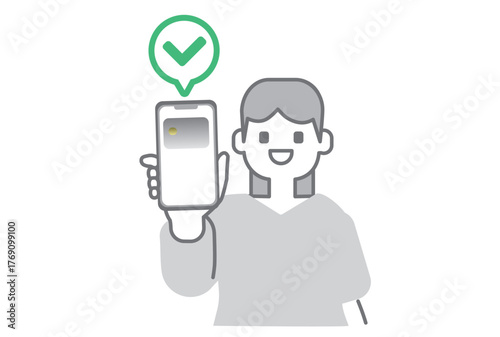 スマホのクレジットカード決済を表示する女性とチェックマーク
