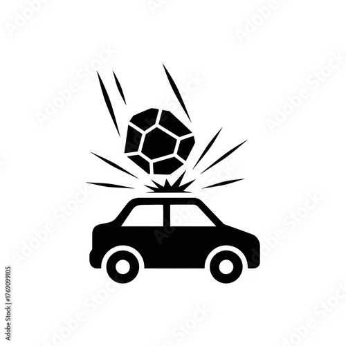 Black silhouette icon of a car being hit by a meteor or large rock