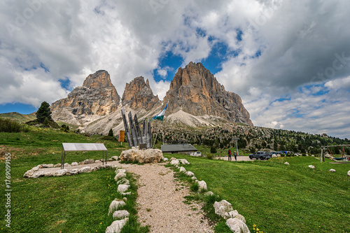 Sasso Lungo mountai range images with a cloudy sky in the background, Val di Fassa, Dolomites, Italy