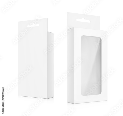 Universal mockup of blank cardboard box with transparent window and hang slot. Vector illustration isolated on white background, ready and simple to use for your design. EPS10.